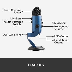 "Blue Yeti USB Mic for Recording and Streaming on PC and Mac, Blue VO!CE effects, 4 Pickup Patterns, Headphone Output and Volume Control, Mic Gain Control, Adjustable Stand, Plug&Play – Midnight Blue"
